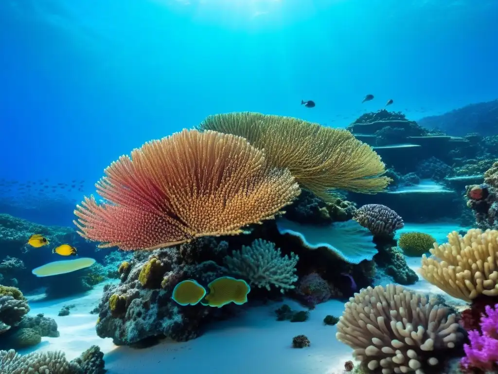 Un vibrante arrecife de coral con tonos rosados, púrpuras y azules rodeado de aguas turquesas cristalinas