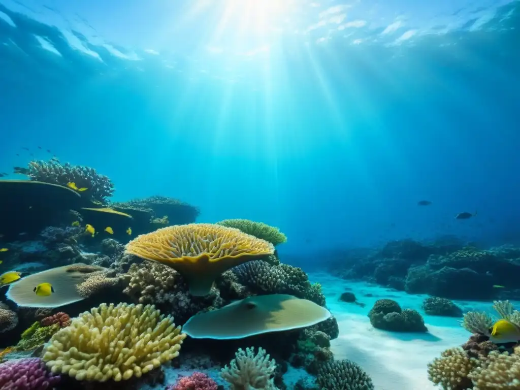 Un vibrante arrecife de coral con vida marina, bajo aguas turquesas