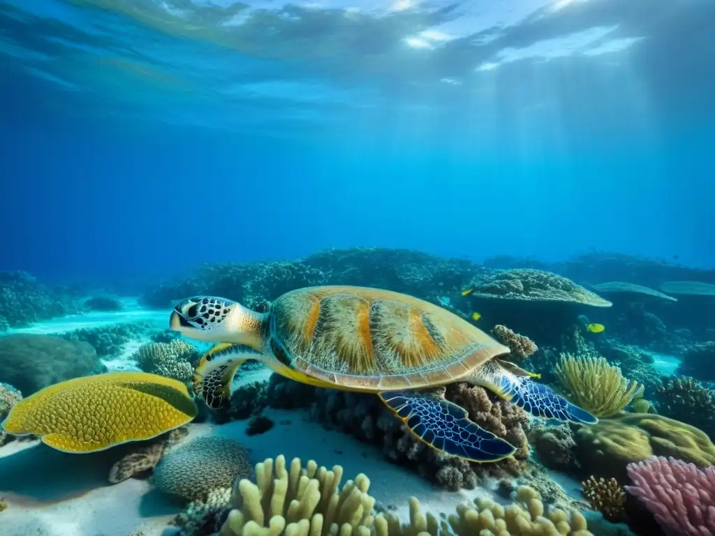 Vibrante arrecife de coral con vida marina colorida y fondo de océano azul