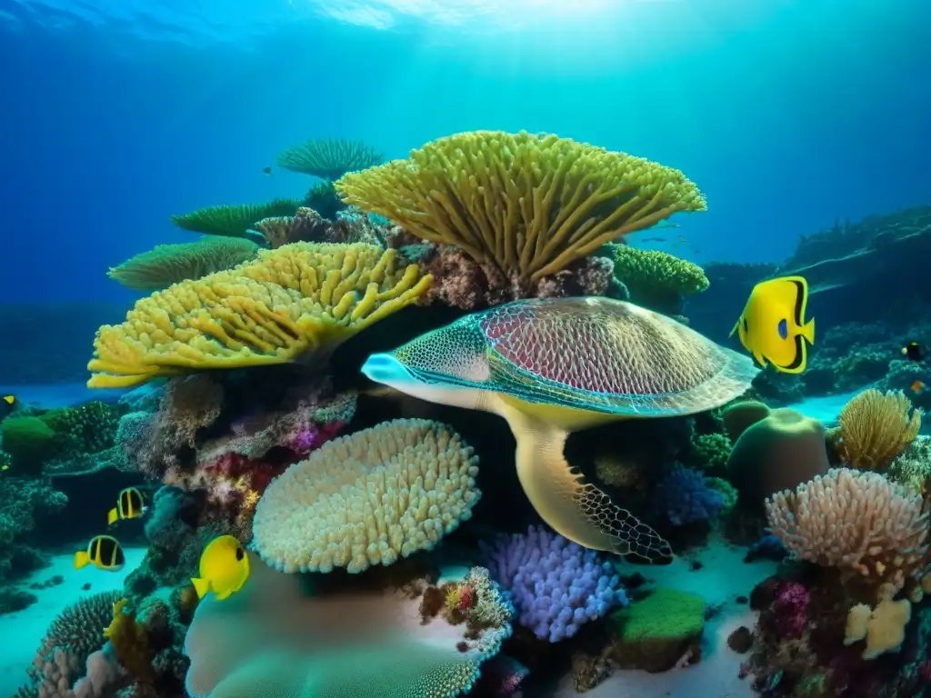 Vibrante arrecife coralino con impacto cruceros arrecifes coral, mostrando diversa vida marina y coloridos corales
