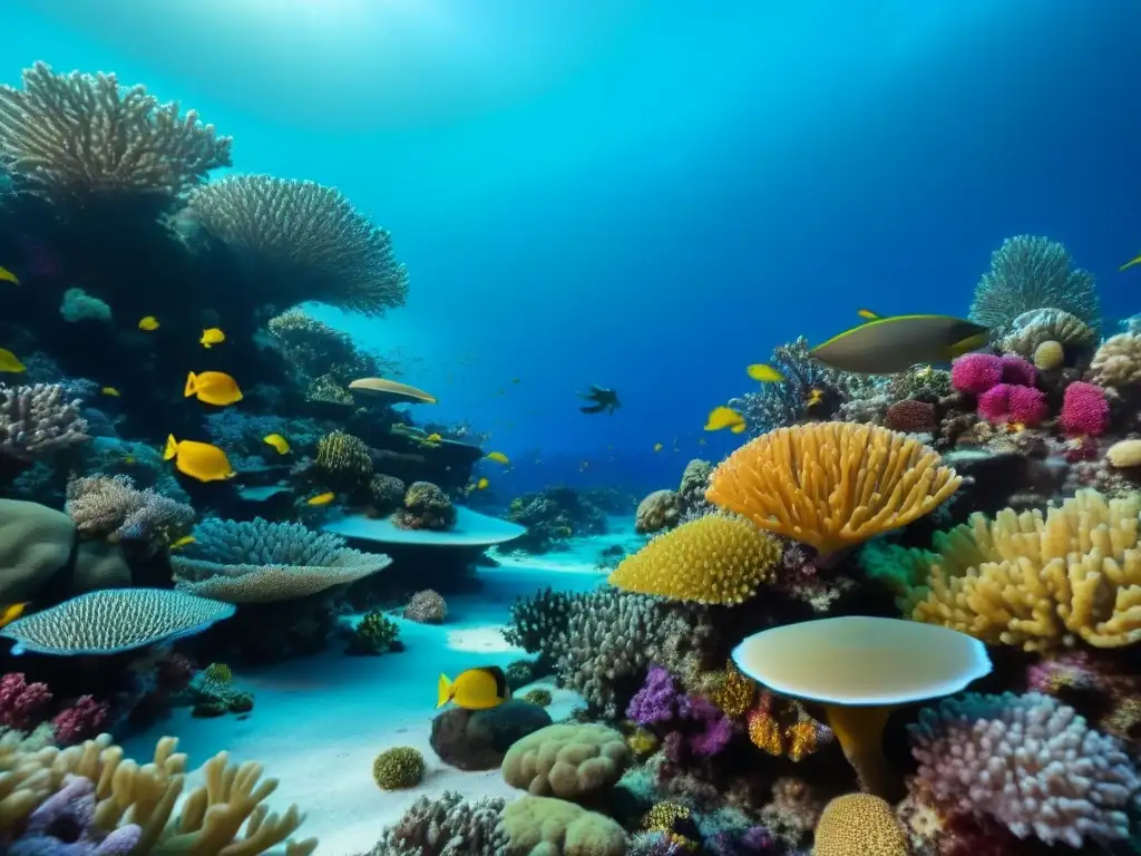 Vibrante arrecife coralino lleno de vida marina, clave: Conservación arrecifes coral cruceros