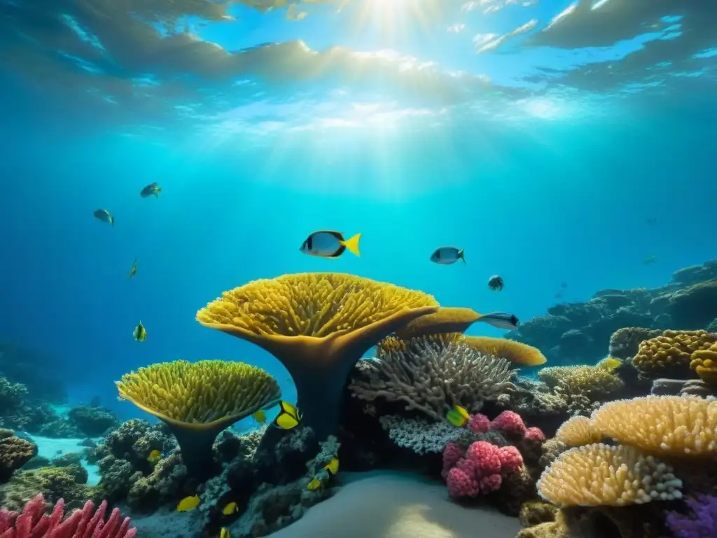 Un vibrante arrecife de coral rebosante de peces coloridos y plantas marinas, aguas cristalinas