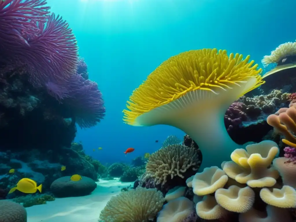 Un vibrante arrecife de coral rebosante de vida marina diversa, impacto cambio climático vida marítima