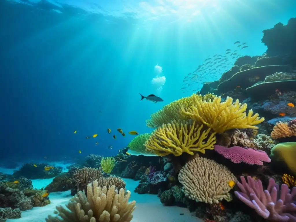 Una vibrante fotografía para aventuras marítimas ecológicas: un arrecife de coral lleno de vida submarina colorida bajo la luz del sol