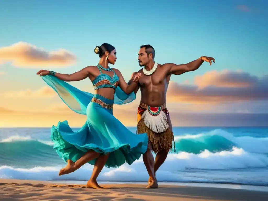 Baile tradicional isleño al atardecer: detalle y color Un vibrante baile tradicional de islas del Pacífico al atardecer en un festival marítimo