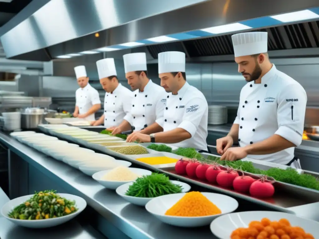 Un vibrante y bullicioso ambiente de cocina en vivo en un crucero, con chefs hábiles preparando platos con ingredientes frescos y coloridos