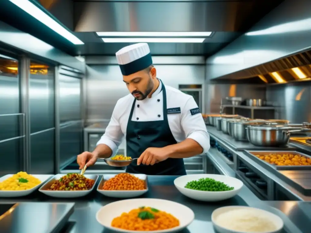 Vibrante cocina internacional en cruceros: chefs de diversas culturas preparan platos en un ambiente moderno y creativo