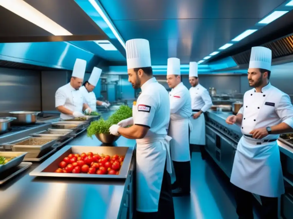 Una vibrante cocina en vivo en cruceros con chefs profesionales preparando exquisitos platillos en una cocina moderna y elegante