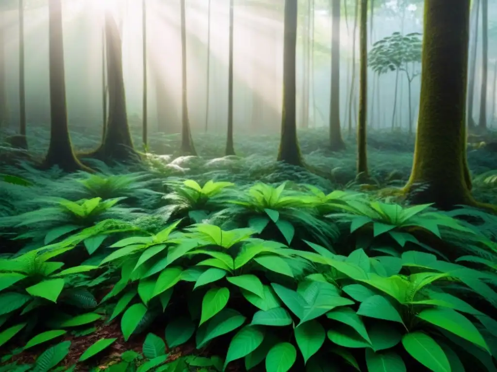 Vibrante dosel de selva tropical con luz filtrada entre las hojas, transmitiendo serenidad