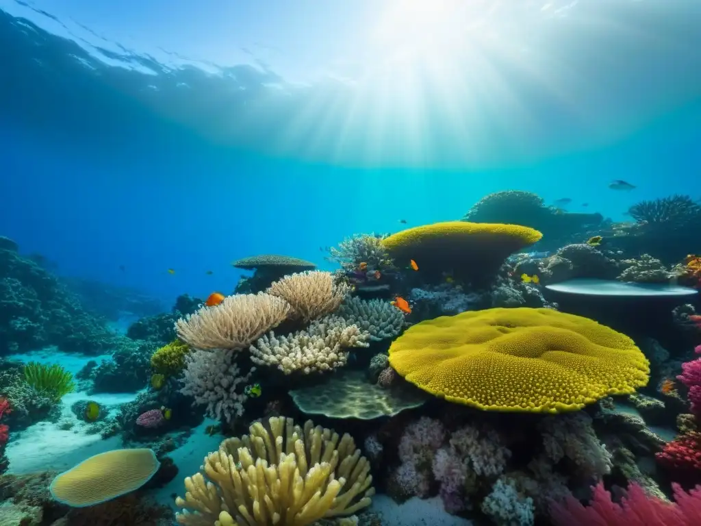 Un vibrante ecosistema de arrecife de coral impactado por el turismo de cruceros, lleno de peces y plantas marinas coloridas