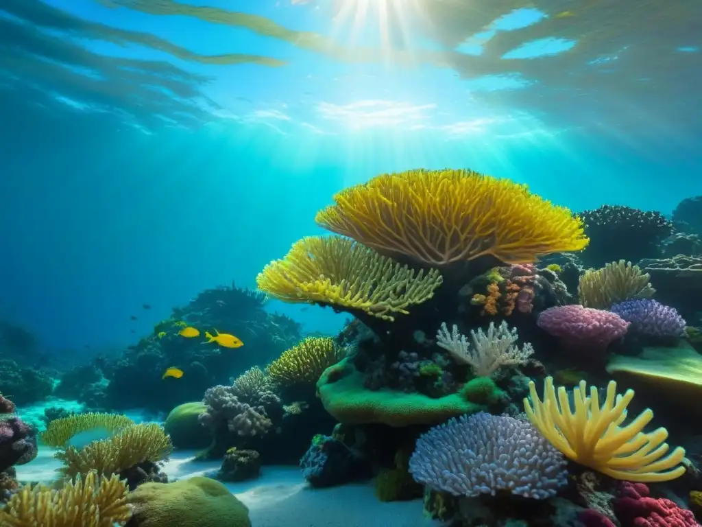 Un vibrante ecosistema marino lleno de coloridos peces y plantas marinas, iluminado por el sol