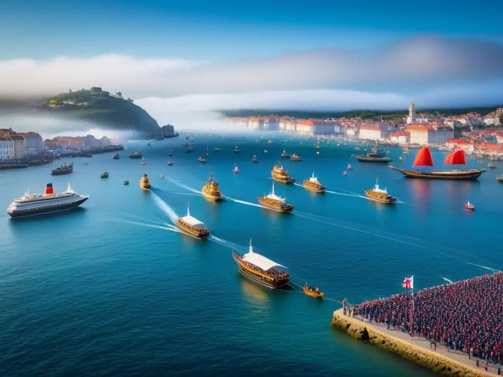 Vibrante festival marítimo en ciudad costera, con barcos coloridos, multitudes felices y actuaciones tradicionales en el muelle bajo cielo azul