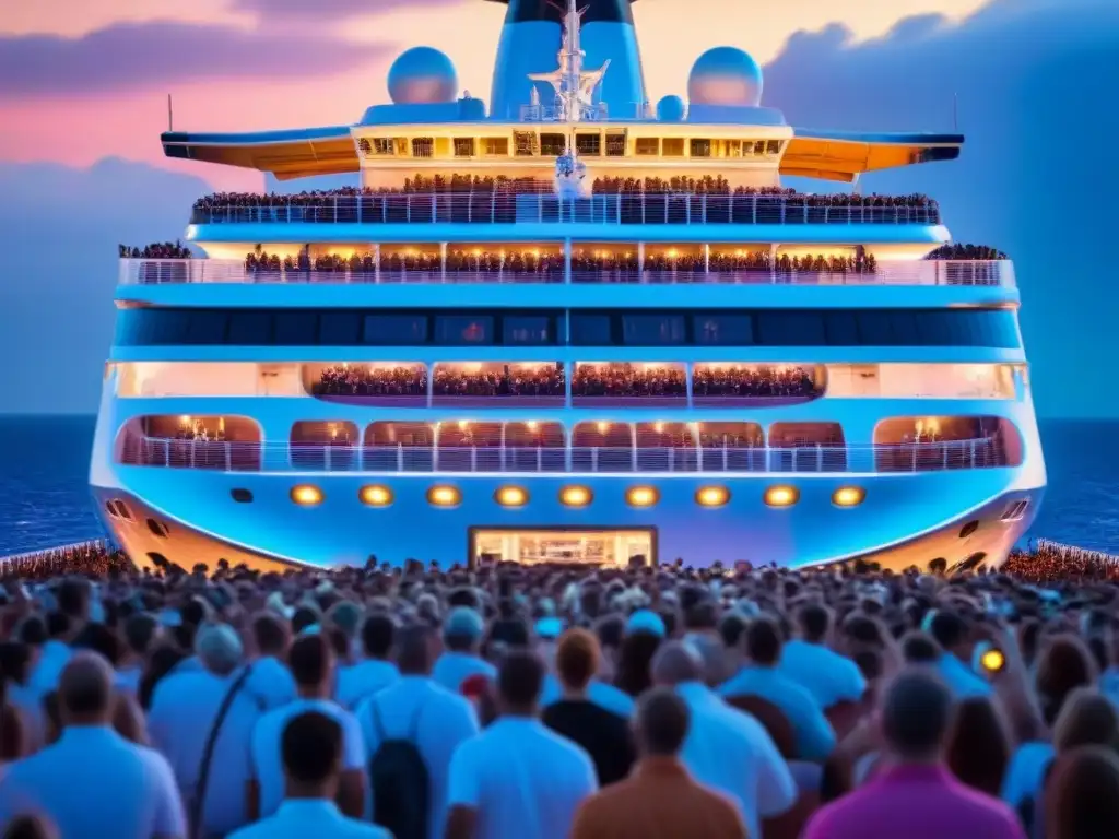 Vibrante festival de música en crucero bajo el cielo estrellado, con luces neón y gente disfrutando