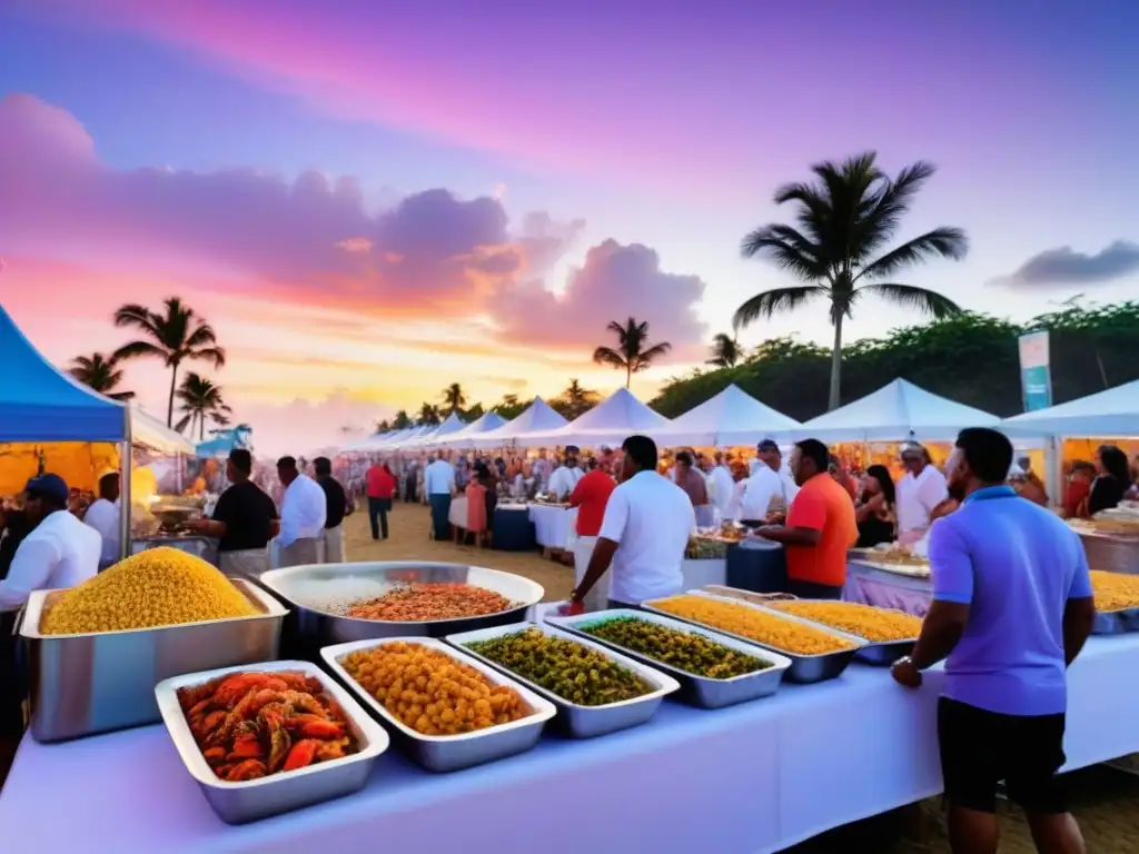 Un vibrante festival gastronómico en un crucero al atardecer, con delicias caribeñas y una atmósfera festiva y culinaria