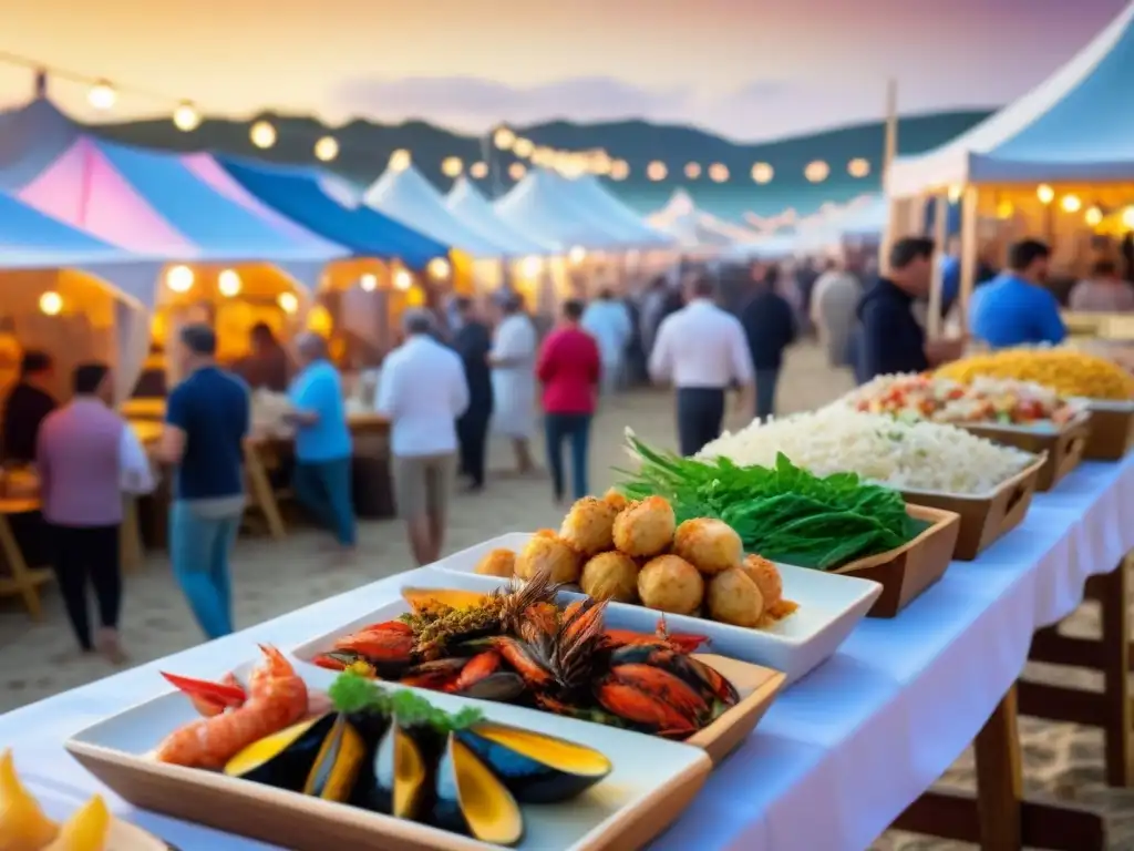 Vibrante festival gastronómico marítimo con delicias culinarias y ambiente festivo al atardecer