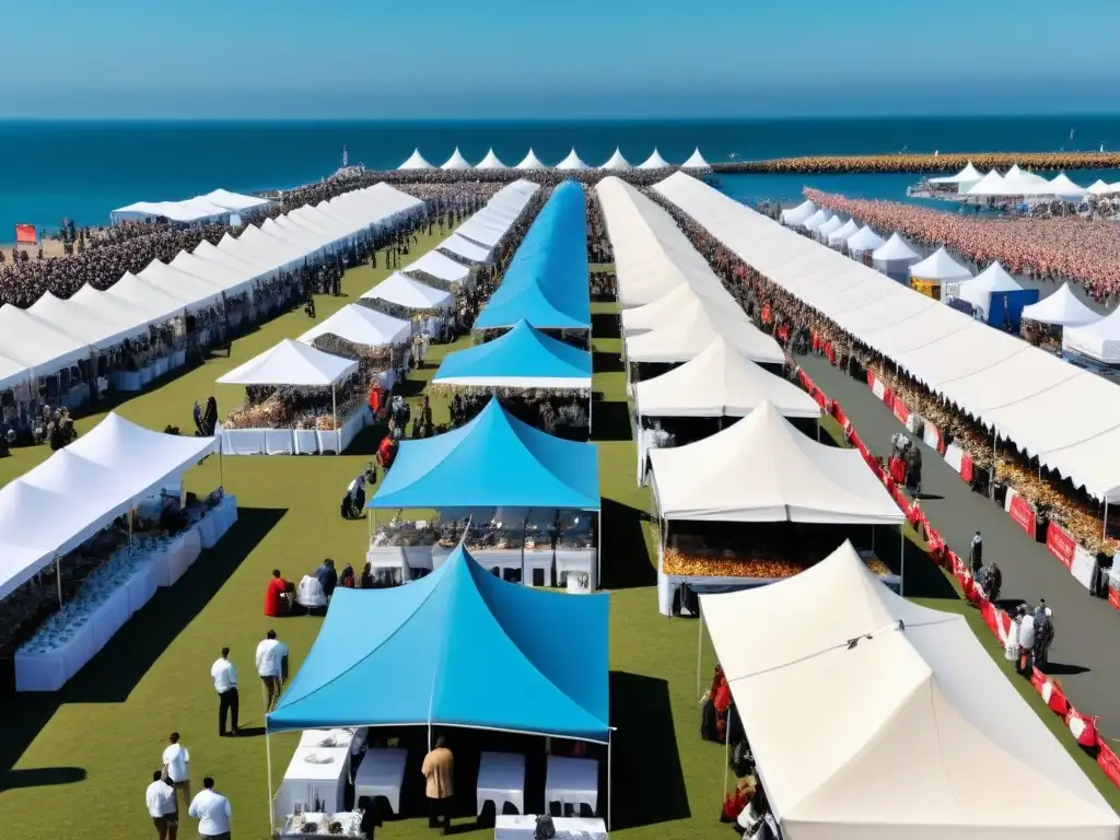 Un vibrante festival gastronómico marítimo con deliciosos platos de mariscos bajo cielo azul