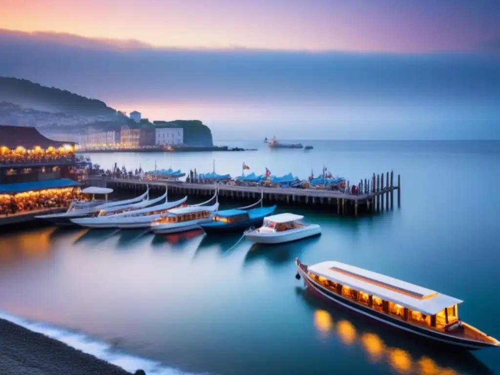 Un vibrante festival marítimo en una ciudad costera, con barcos coloridos y una multitud animada bajo la cálida luz del atardecer