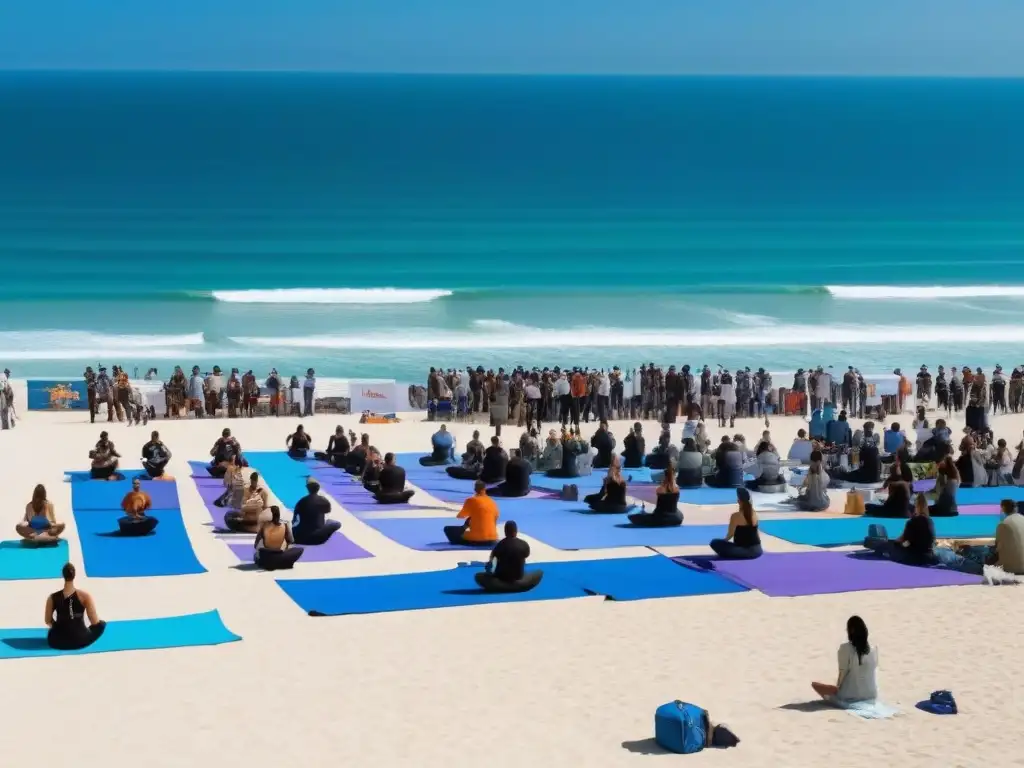 Un vibrante festival eco sostenible junto al mar, con yoga, música en escenario sostenible, comida orgánica y limpieza de playa