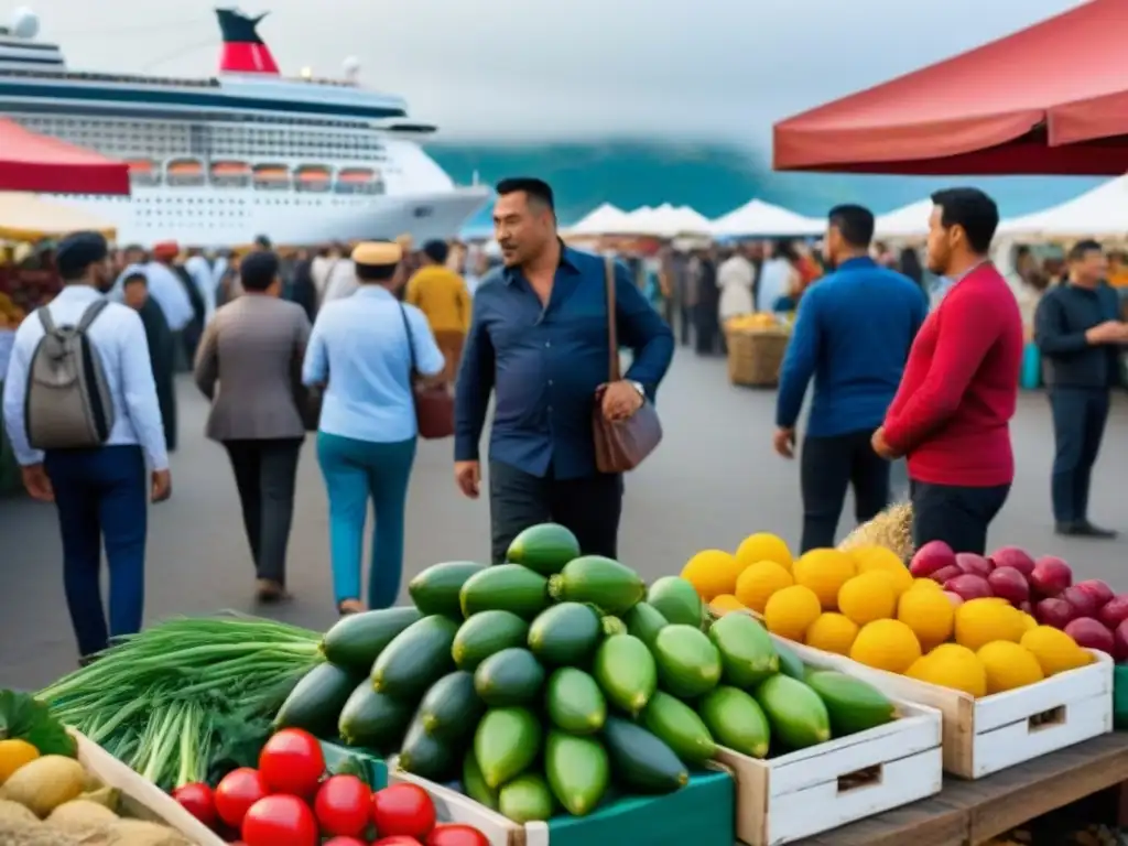 Vibrante mercado local cerca del puerto con cruceros, reflejando el impacto económico y cultural de los destinos locales