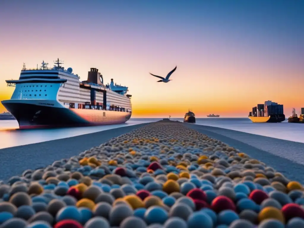 Vibrante puerto al amanecer con barco carguero y cruceros, reflejando el abastecimiento en cruceros marítimos