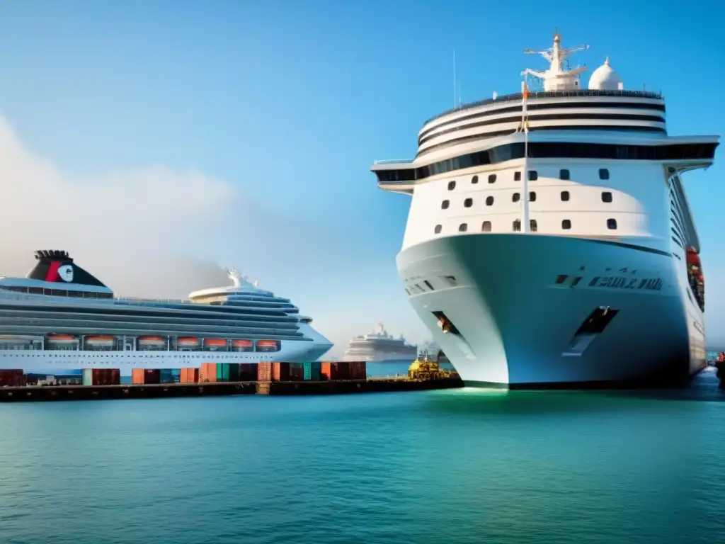 Vibrante puerto con barcos, carga y trabajadores, reflejando el impacto laboral del turismo marítimo