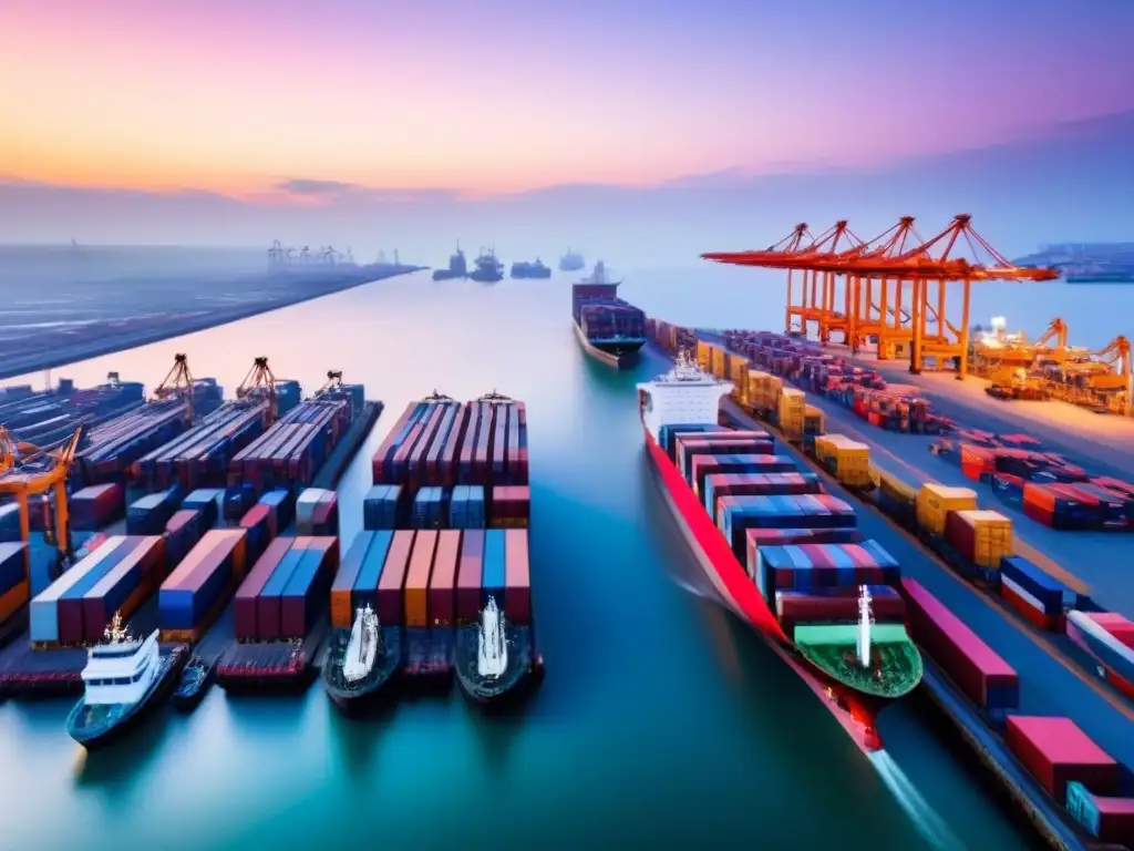 Vibrante puerto al amanecer con barcos, grúas y trabajadores, reflejos rosados en el mar