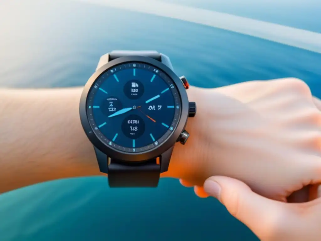 Vibrante smartwatch resistente al agua, ideal para expediciones marítimas