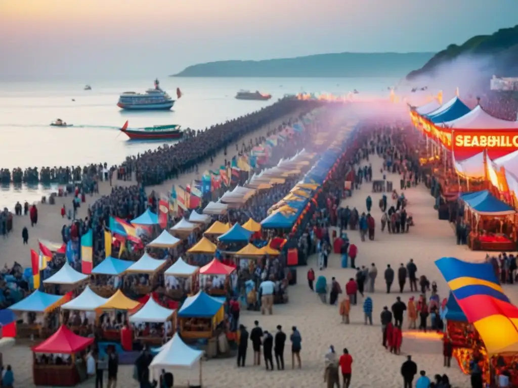 Vibrantes festivales marítimos creativos del mundo: escena detallada de festival en la costa con barcos, banderas y actividades festivas