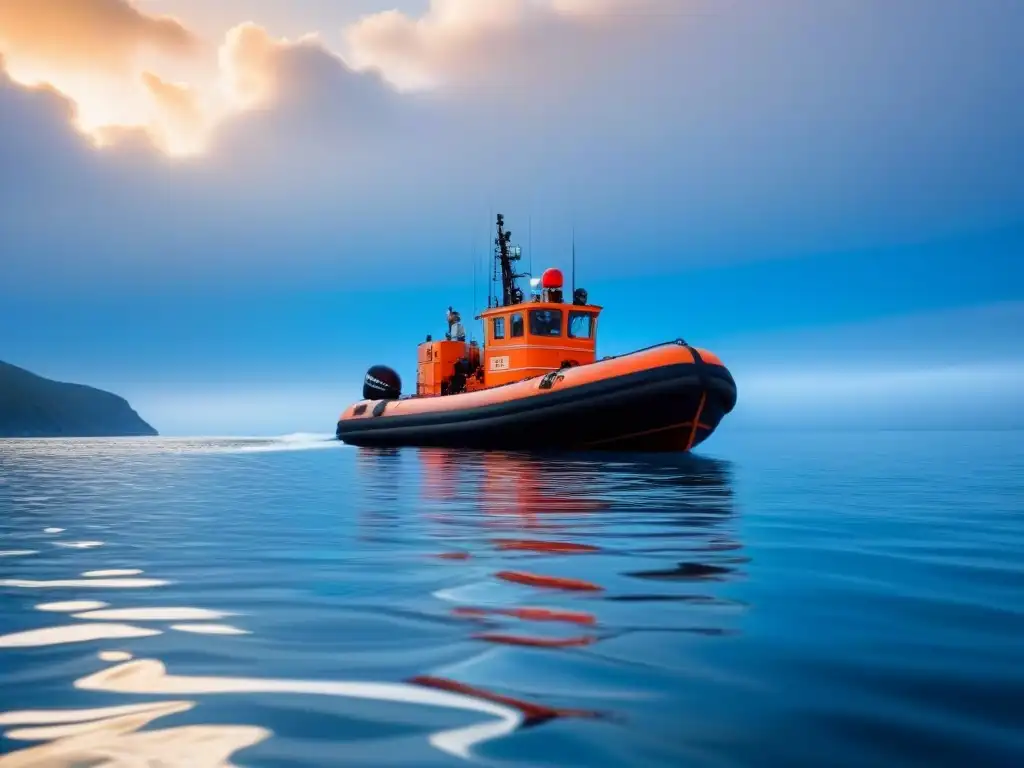 Vida en calma: bote solitario flota en mar sereno bajo cielo azul claro, símbolo de seguridad y supervivencia