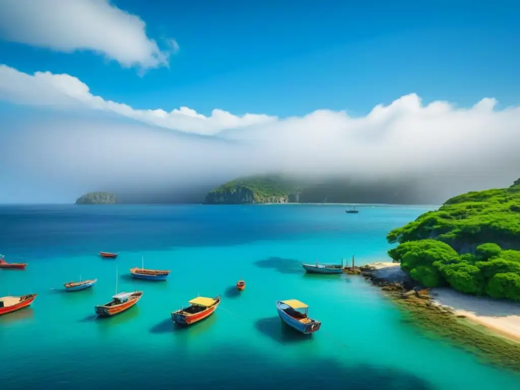 Vida en comunidades costeras turismo: Pintoresco pueblo costero con barcos pesqueros coloridos y paisaje sereno