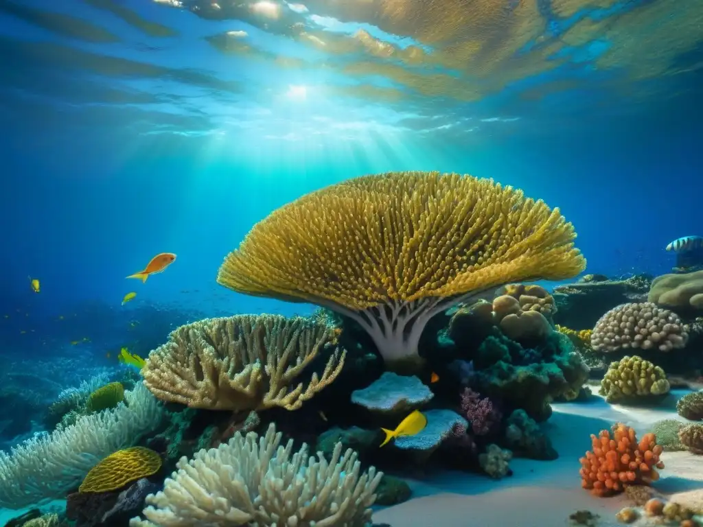 Fotografía de interacción de vida marina en arrecife de coral vibrante, peces coloridos y fondo de océano azul