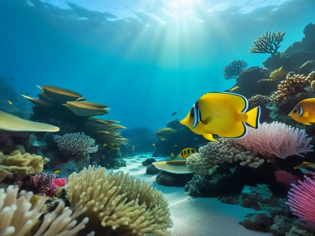 Descubre la vida marina en un arrecife de coral vibrante bajo el agua cristalina