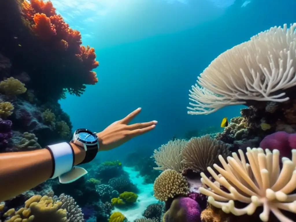 Fotografía de interacción con la vida marina: mano de buzo tocando un arrecife de coral vibrante en blanco y negro