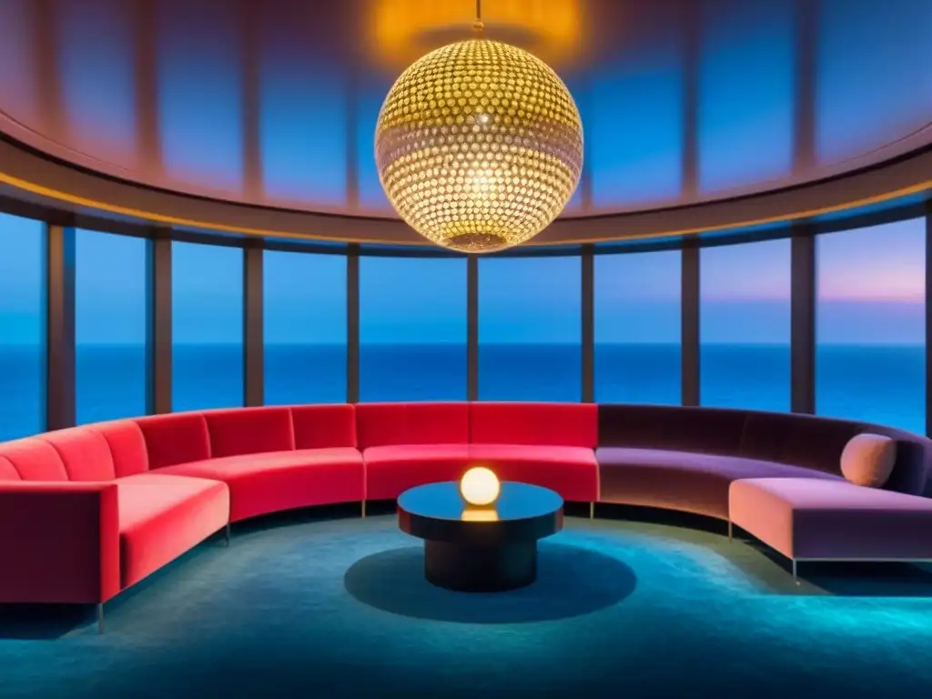 Vida nocturna en cruceros de lujo: ambiente elegante con bola de discoteca, suelo brillante y vista al mar nocturno