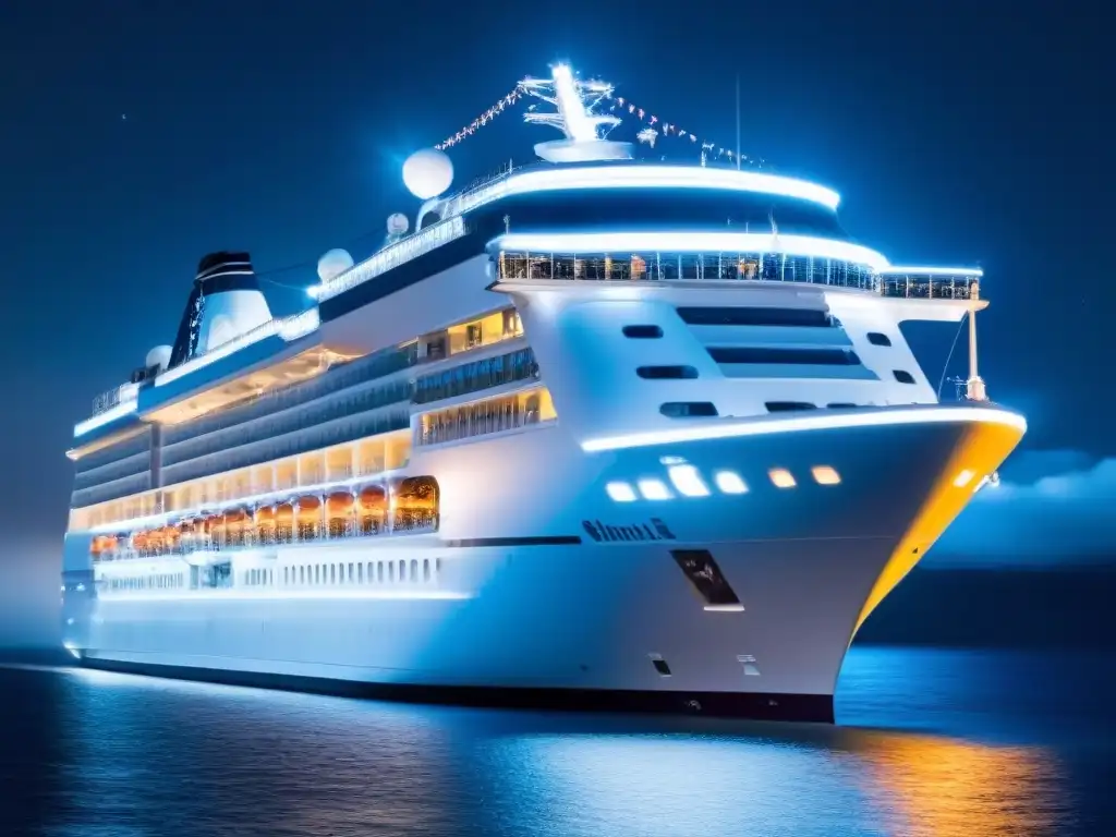 Vida nocturna en cruceros de lujo: Un elegante crucero iluminado en la noche, destacando su diseño moderno en el mar sereno