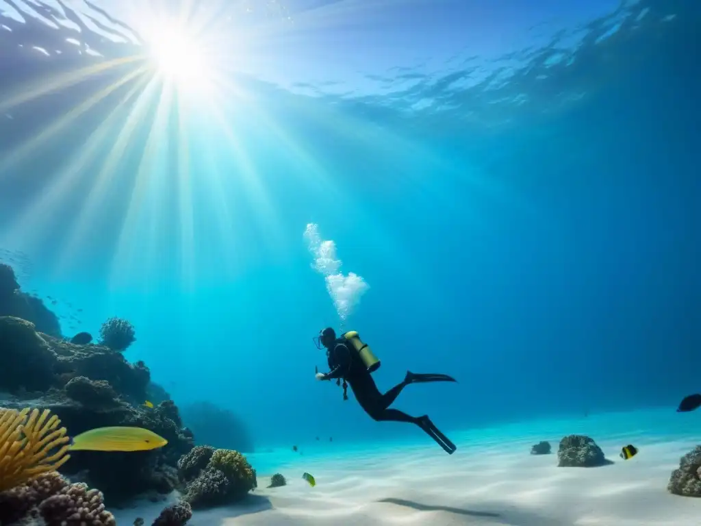 Fotografía de interacción con vida marina: Buzo y peces tropicales en aguas turquesas cristalinas