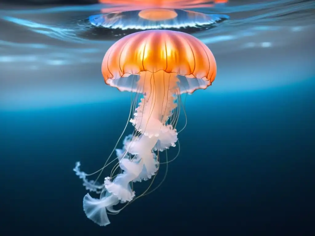 Fotografiando vida silvestre marina nocturna: Una medusa bioluminiscente solitaria en las profundidades oceánicas, iluminando su entorno con un suave resplandor azul