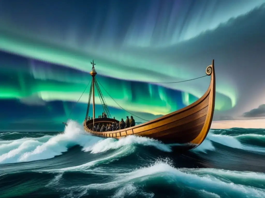 Un Vikingo conquista el Atlántico Norte en un barco bajo la aurora boreal y tormenta