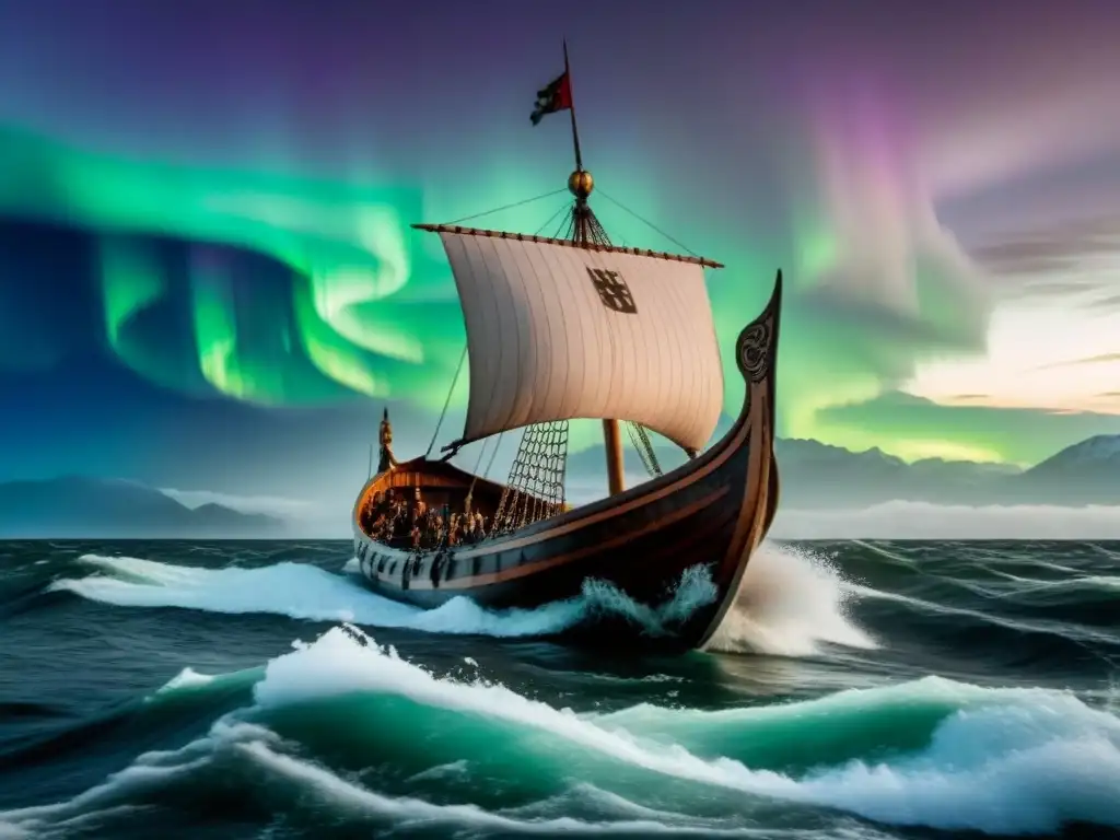 Un drakkar vikingo surca mares agitados bajo un cielo dramático con auroras boreales, evocando las Rutas de navegación vikingas