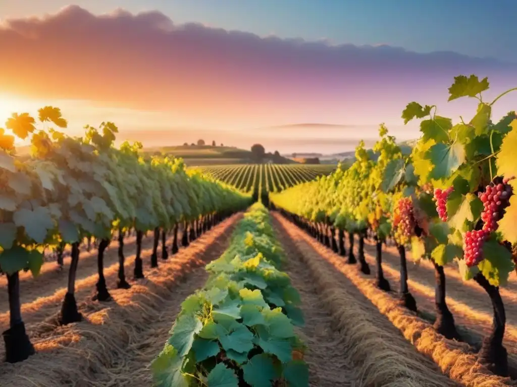 Un viñedo sereno al atardecer con uvas moradas brillantes, transmitiendo tranquilidad y lujo