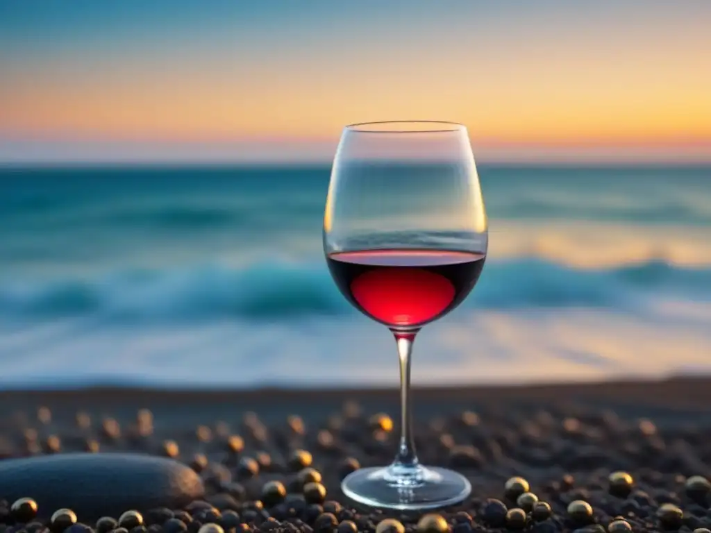 Un vino tinto en copa moderna, con burbujas danzando, refleja el atardecer en el mar