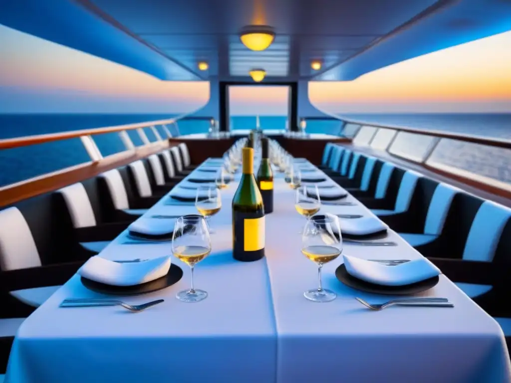 Vinos para cena temática crucero en mesa elegante de lujo en cubierta, con vista al mar estrellado