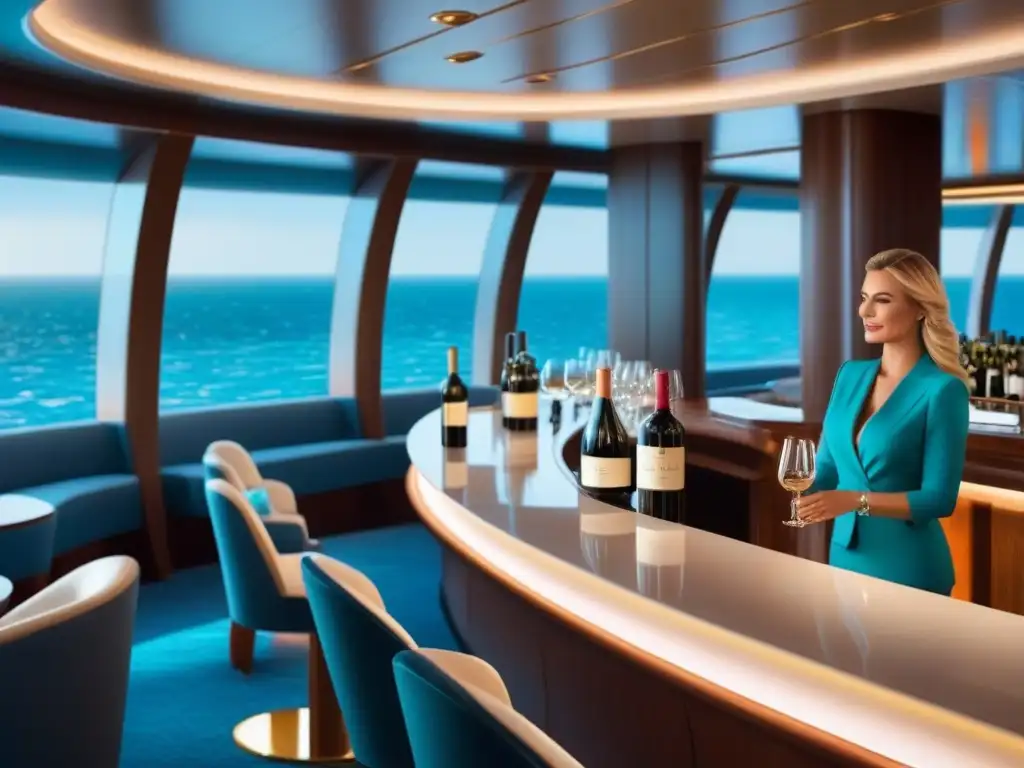 Disfruta de vinos exclusivos en un elegante bar a bordo de un crucero de lujo con vistas al mar