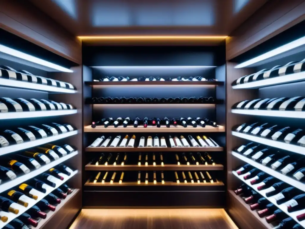 Vinos exclusivos en elegante bodega de crucero de lujo con botellas de alta gama ordenadas en estantes de vidrio iluminados