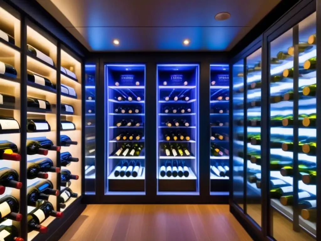 Vinos exclusivos en elegante bodega de crucero de lujo, botellas ordenadas en estantes de madera con iluminación ambiental suave