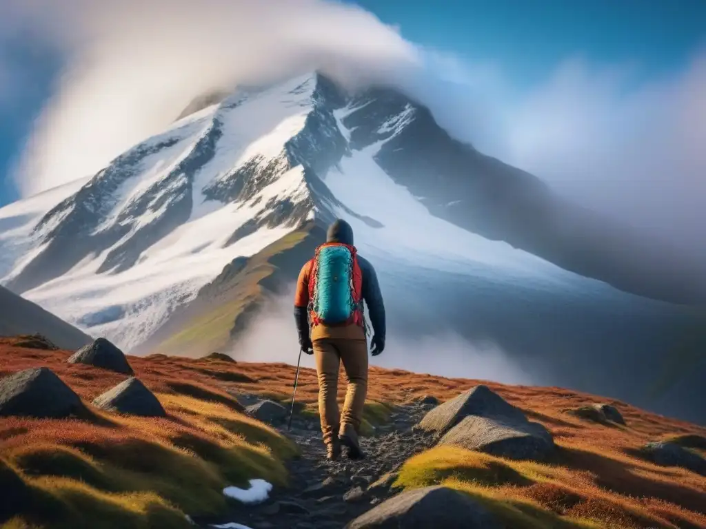 Exploración virtual de destinos inaccesibles: montaña nevada con figura admirando la cima entre la niebla