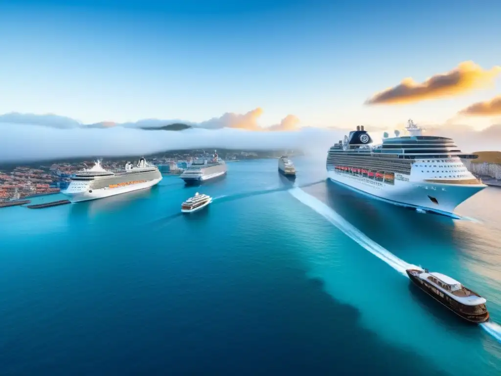 Vista aérea detallada de ciudad portuaria con cruceros, barcos y arquitectura mixta