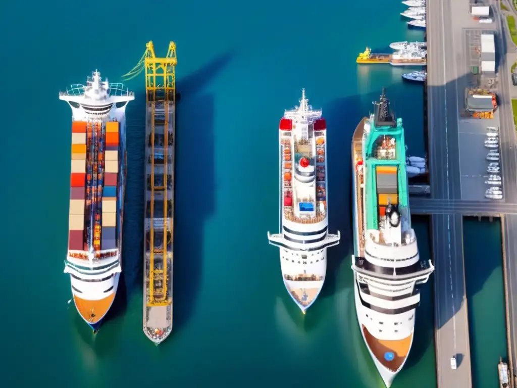 Vista aérea detallada de un puerto de cruceros, destacando su logística global