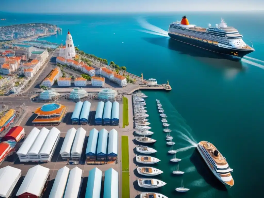 Vista aérea detallada de un puerto bullicioso con un crucero y barcos locales