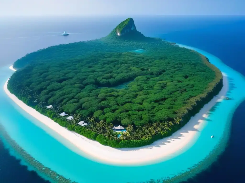 Vista aérea de una exclusiva isla privada con playas blancas, villas de lujo y veleros en el mar